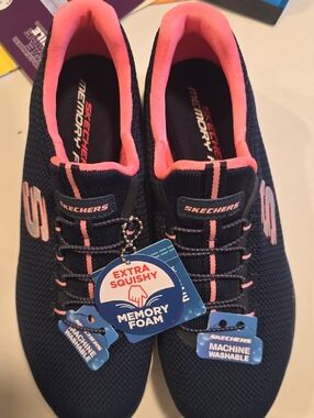 Skechers Navy with Pink Knit Memory Foam Slip-Ons